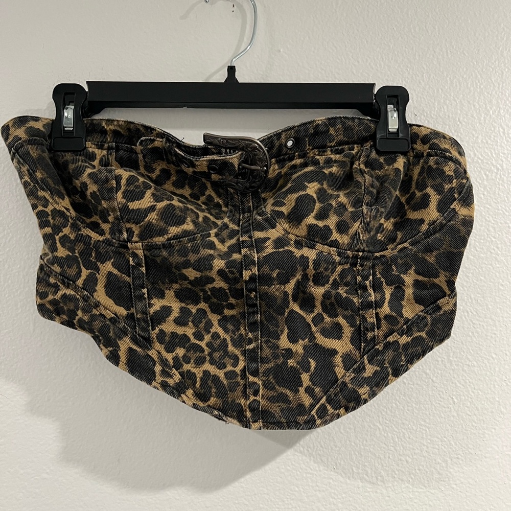 Fashion Nova Leopard Print Denim Bustier Top size Large